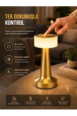 Dokunmatik Şarjlı Led Masa Lambası - 3 Kademeli Işık Ayarlı, Kablosuz Dekoratif Gece Lambası, 1800 Mah Taşınabi Çok Renkli