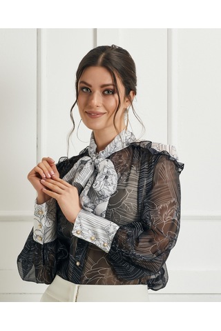 Fular Yaka Detaylı Transparan Desenli Gömlek Feminen Ve Şık Tasarım Siyah