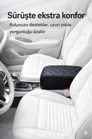 Lüks Oto Kolçak Kol Dayama Koltuk Arası Organizer Cepli Vidasız Montaj Siyah Deri Ve Mavi Dikiş