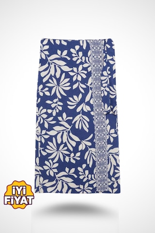 Kadın Mavi Regular Fit Desenli Keten Midi Boy Etek , Kadın Etek Mavi