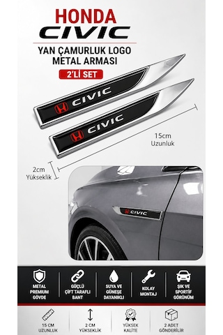 Honda Civic Metal Damla Desen Çamurluk Yan Çıtası Logo Amblem 2 L