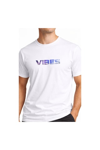 Vibes Typography Baskılı Unisex Tişört %100 Pamuk Oversize Bisiklet Yaka Günlük T-shirt Beyaz
