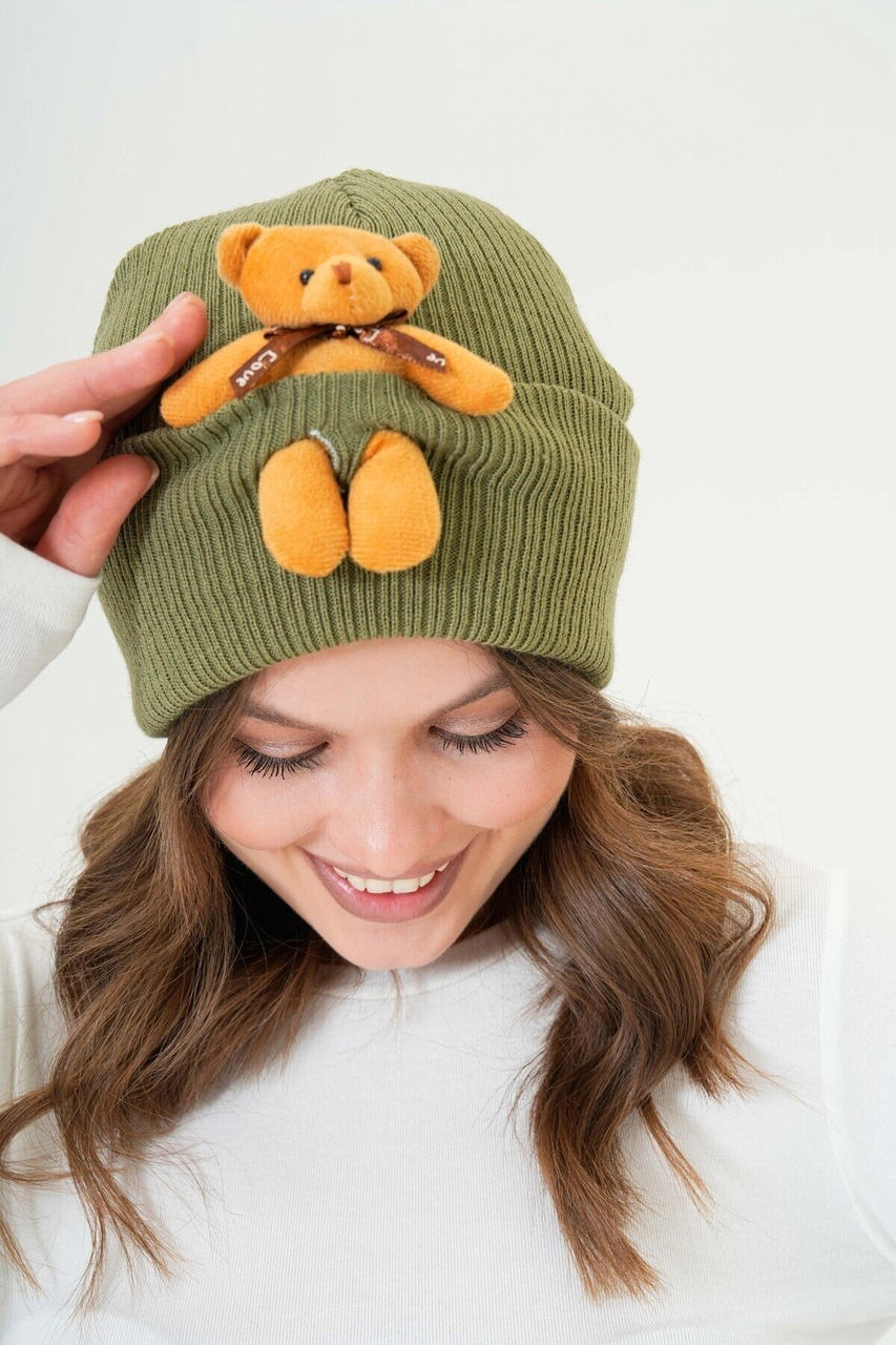 Mamayaga Unisex Ayılı Spor Şık Tasarım Hediyelik Bebe Mavisi Bere Haki
