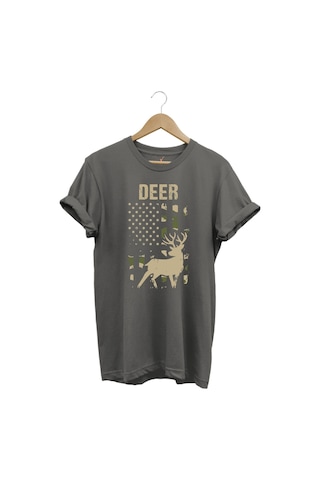 Avcılık Hunter Geyik Avcılığı Deer Hunt Baskılı Kamuflaj Desenli Regular Fit Gri T-shirt Antrasit