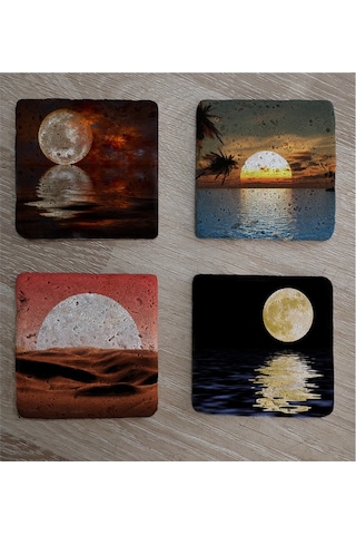Ay Ve Gün Batımı Manzaralar Doğal Taş Bardak Altlığı 4'lü Set - Natural Stone Coasters - Taş Çok Renkli