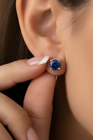 Safir Renk Zirkon Taşlı Tek Taş Model Küpe Altın Rengi Gümüş
