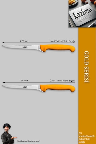 Lazbisa Mft-015 Gold Serisi Mutfak Fileto Bıçağı Steak Bıçak Et Balık Tavuk Fileto Bıçağı 2 Li Set Sarı