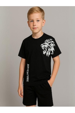 Çocuk Aslan Baskılı Pamuklu Oversize T-shirt-16014 SIYAH