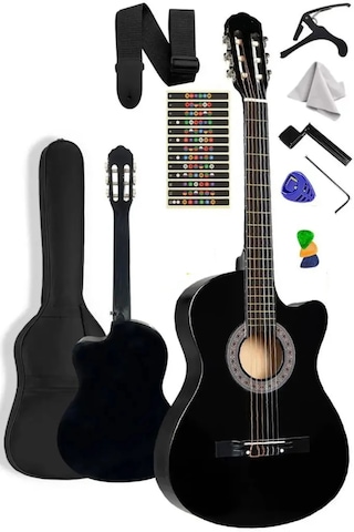 4/4 Kesik Kasa Sap Ayarlı Siyah Klasik Gitar Seti Full Set Siyah