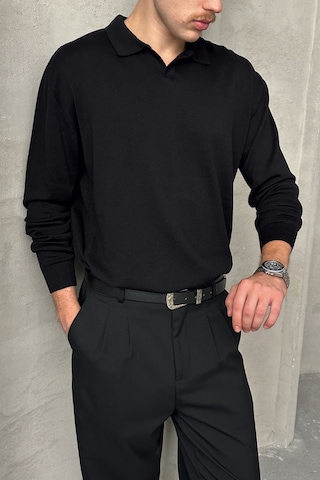 Erkek Pamuklu Polo Yaka Oversize Triko Kazak Siyah