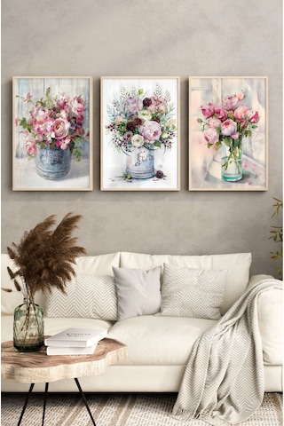 Ahşap Çerçeveli Mdf Tablo Seti Salon Ve Oturma Odası İçin Çiçekler Çt3070 42 X 62 Çok Renkli