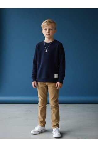 Zekids Erkek Çocuk Pamuklu Dokulu Kumaş İnce Uzun Kollu Sweatshirt-16630 Lacivert