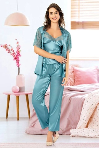 Faal 4909 Kadın Dantel Detaylı Saten Sabahlıklı İp Askılı Pijama Takım-mavi Mavi