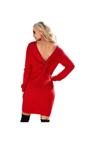 Sones Kadın Paket Kalça Uzun Örme Sırtı Açık Bükülmüş Düğüm Elbise Kırmızı