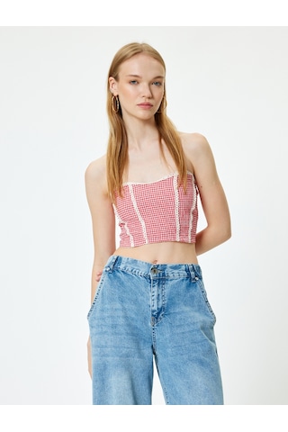 Koton Straplez Büstiyer Pötikareli Crop Kolsuz Gipeli Dantel Detaylı Slim Fit Kırmızı Ekose 4sal30066ıw Kırmızı