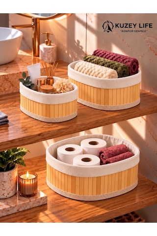 Kuzeylife Bambu Trio Oval 3lü Sepet Seti Kahverengi