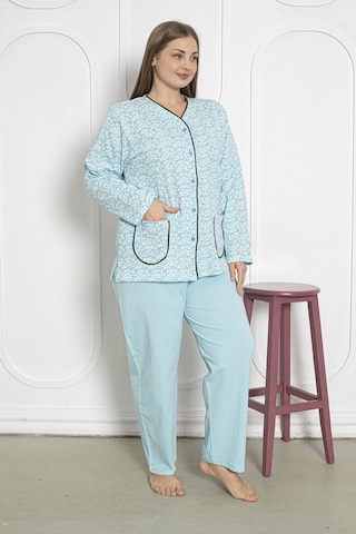 %100 Pamuklu Uzun Kollu Boydan Düğmeli Büyük Beden Kadın Pijama Takımı 206 Yeşil