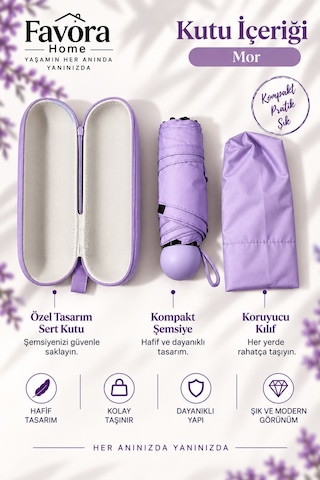 Favora Rainbox Kapsül Şemsiye - Kutulu Mini Katlanır Çanta Boy Şemsiye Mor