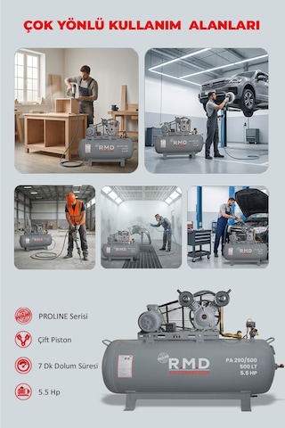 R.m.d Kompresör Hava Kompresörü Pistonlu 500 Lt 2 Kafa 8 Bar 5.5 Hp I Paı290ı500