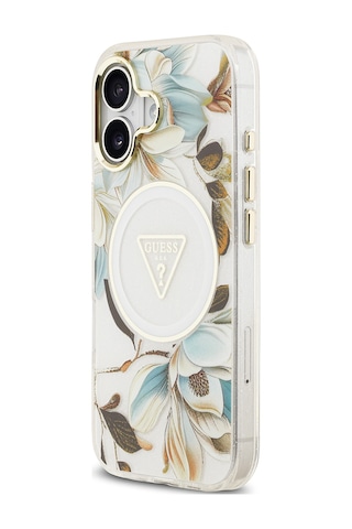 Apple Uyumlu iPhone 17 Kılıf Guess Lisanslı M-safeli Simli Çiçek Desen Metal Kamera Çerçeveli Üçgen Logolu Beyaz Beyaz