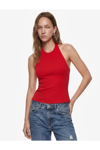 Koton Slim Fit Bel Vurgulu Halter Yaka Kolsuz Peplum Bluz Kırmızı 6sal30289ık
