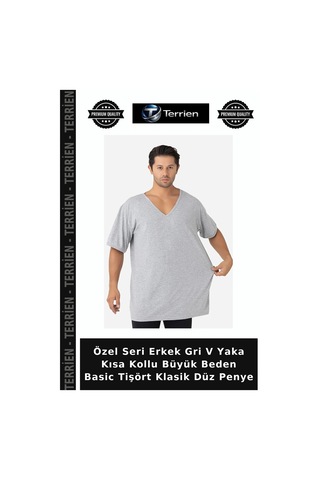 Terrien Özel Seri Erkek Gri V Yaka Kısa Kollu Büyük Beden Basic Tişört Klasik Düz Penye