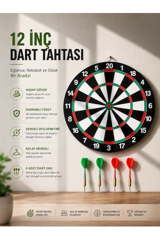 Northcity 12 İnç Ahşap Dart Tahtası 4 Adet Metal Uçlu Dart Oku Dahil