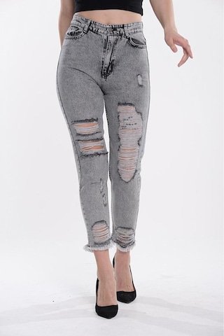 Shevega Kadın Bacak Lazer Yirtik Kar Siyah Mom Jeans Siyah