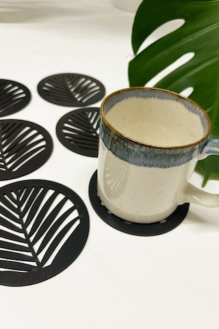 Yaprak Desenli Ahşap Mdf Bardak Altlığı 6'lı Set Siyah