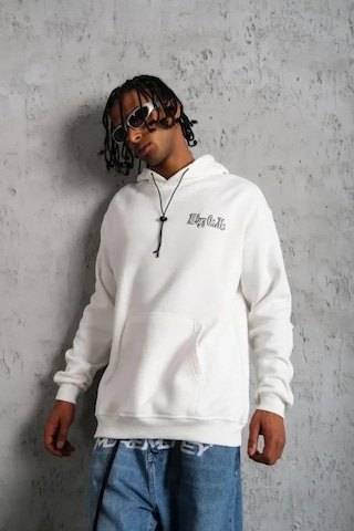 Efnaz Style Erkek Kol Ve Etek Ribana Baskılı Kapüşonlu Sweat - Beyaz