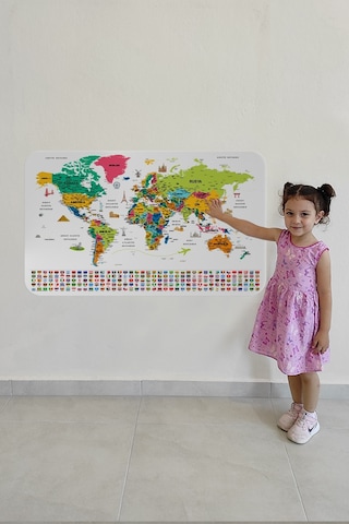 Harita Sepeti Türkçe Ülke Bayrak Lı Eğitici Başkent Detaylı Atlası Dünya Haritası Duvar Sticker -3841-b-85 x 130 CM