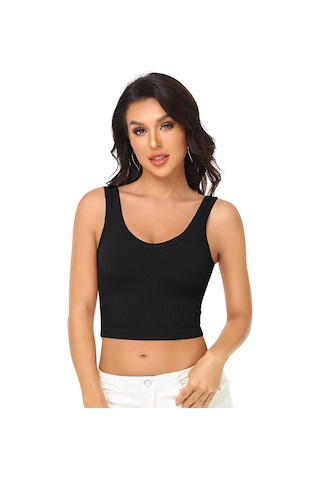 Liona Kadın U Yaka Siyah Renk Crop Top Bluz Atlet 001