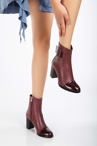Analin Shoes Kadın Hakiki Deri Tokalı Rugan Detaylı Topuklu Bot Bordo Rugan