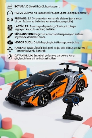 Uzaktan Kumandalı 5 Fonksiyonlu 1:10 Ölçekli Dev 2.4ghz Kauçuk Lastikli Büyük Oyuncak Yarış Arabası Turuncu
