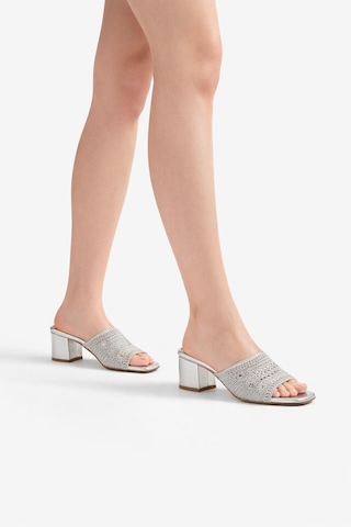 Tual Shoes Kadın Silver Örgü Detaylı Topuklu Terlik Gümüş