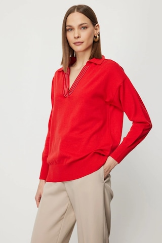 On Fashion Kadın Yakası Zincirli Polo Yaka Kırmızı Kazak 66336 Kırmızı