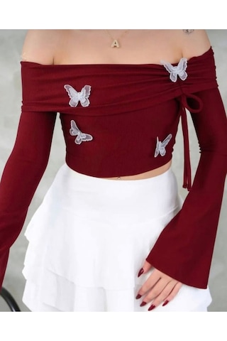 Kelebek Detaylı Madonna Bluz Bordo