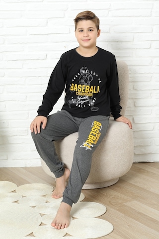 Modanino Erkek Çocuk Pijama Takımı %100 Pamuk İnterlok Kumaş 12447 Siyah