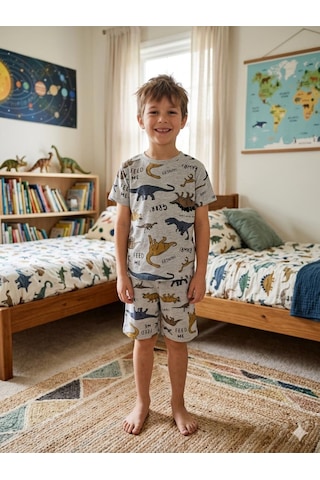 Aliş Kids Erkek Çocuk Pamuklu Gri Dinozor Desenli Kısa Kollu Şortlu Yazlık Pijama Takımı