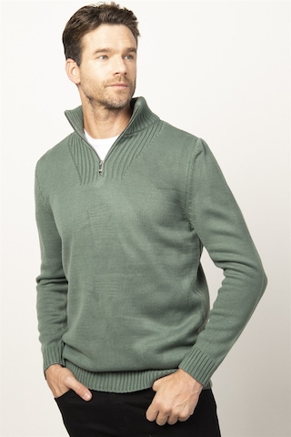 Tudors Slim Fit Dar Kesim Dik Yaka Fermuarlı Erkek Kazak-26349 Yeşil