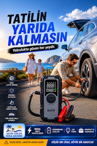Akü Takviye Lastik Şişirme Pompası Powerbank Led Işıklı Dijital Gösterge Gerçek 8.000 Mah
