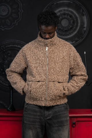 Oversize Crop Model Yan Cepli Astarlı Kırçıllı Mont Kahverengi