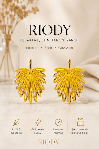 Riody Sarı Gold Yaprak Küpe Kadın Sallantılı Küpe Hafif Şık Günlük Abiye Kombin