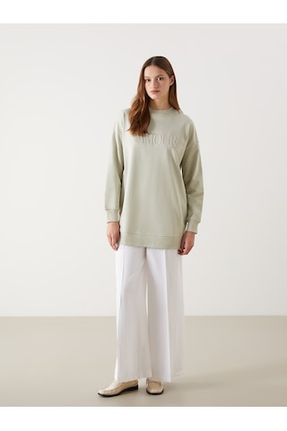Lcw Modest Gri Bisiklet Yaka Nakışlı Oversize Kadın Sweatshirt Tunik