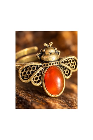 Esoo Jewelry Arı Figürlü Akik Taşlı Ayarlanabilir Kadın Yüzük Antik Pirinç Gold
