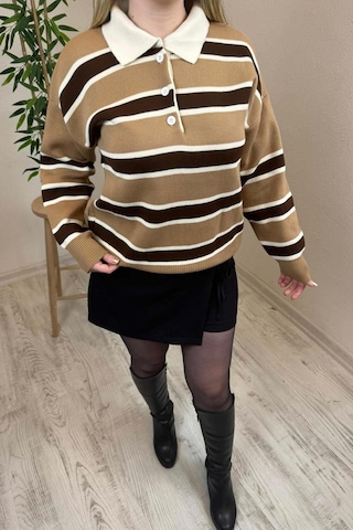 Kadın Bej - Kahve Polo Yaka Çizgili Oversize Triko Kazak Bej