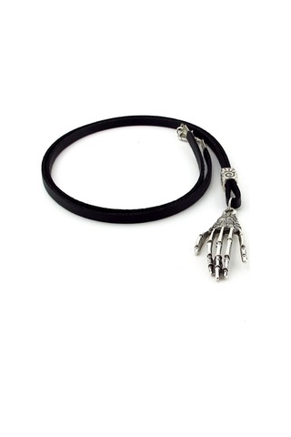 Solfera Metal Iskelet El Parmaklar Siyah Deri Erkek Kolye Q0587 Siyah