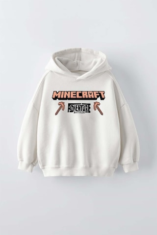 Erkek Çocuk Mınecraft Modelli Kol Manşetli Pamuk Kapşonlu Sweat Ekru