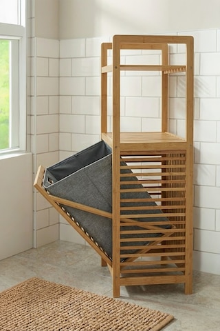 Mien Bambu Dikey Çamaşır Sepeti Raflı Çamaşır Sepeti 40x30x95 Cm Bambu