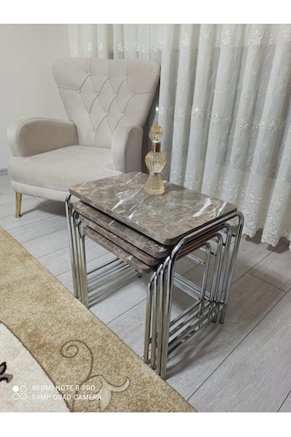 Zigon Sehpa Nikelaj Kaplama Metal Ayaklı Gri Mermer Desen (540935854)